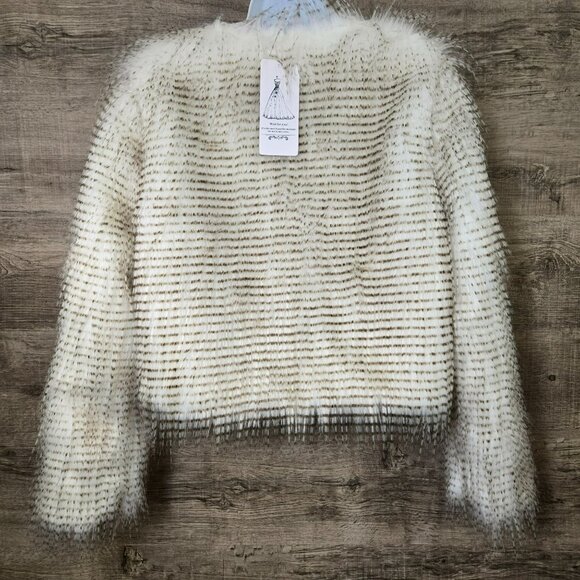 Elegant Faux Fox Fur Waist Length Coat Womens SM Chic Cream Brown Wait For You! - Picture 2 of 16